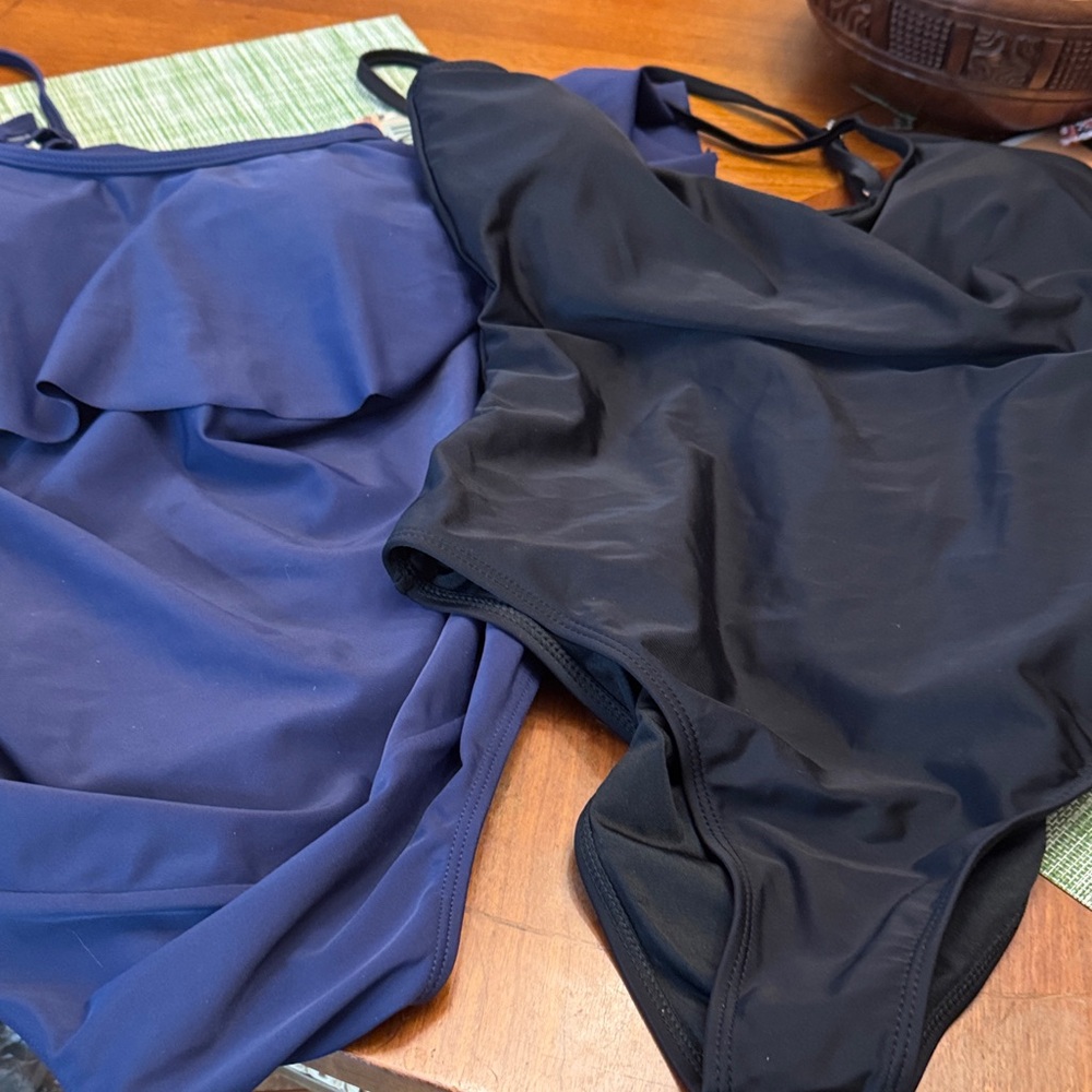 2 Medium Swimsuits. 1 black & 1 Blue. Adjustable straps, remove. pads. NWT, NWOT